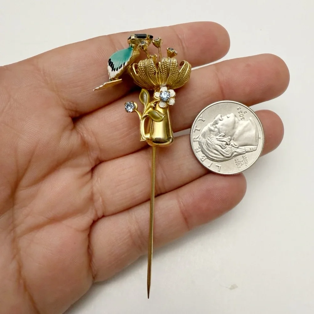 Vintage Enamel Rhinestone Blue Bird Flower Mushroom Goldtone Stick Pin
